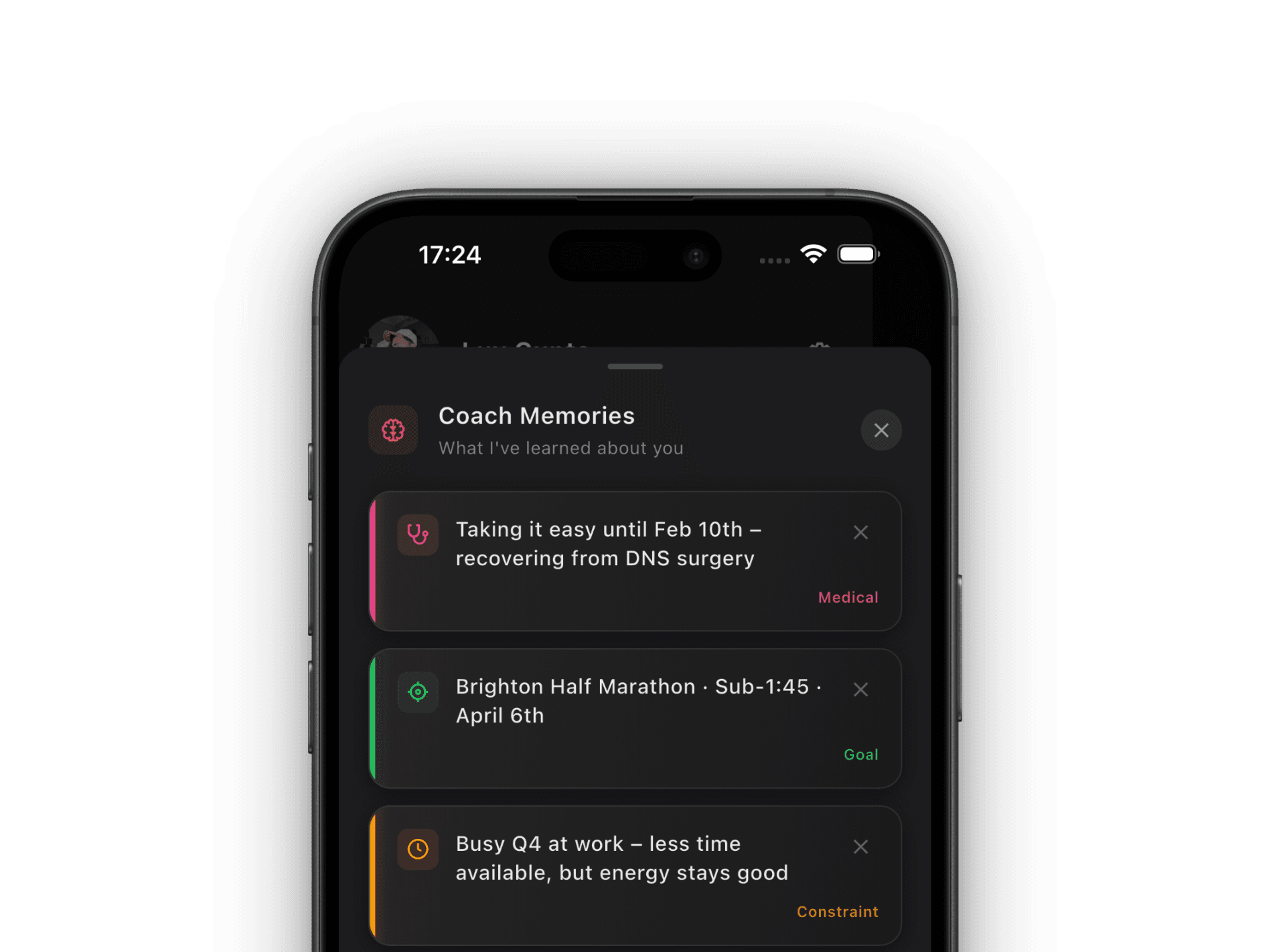 Coach Memories showing injuries, goals, constraints, and equipment